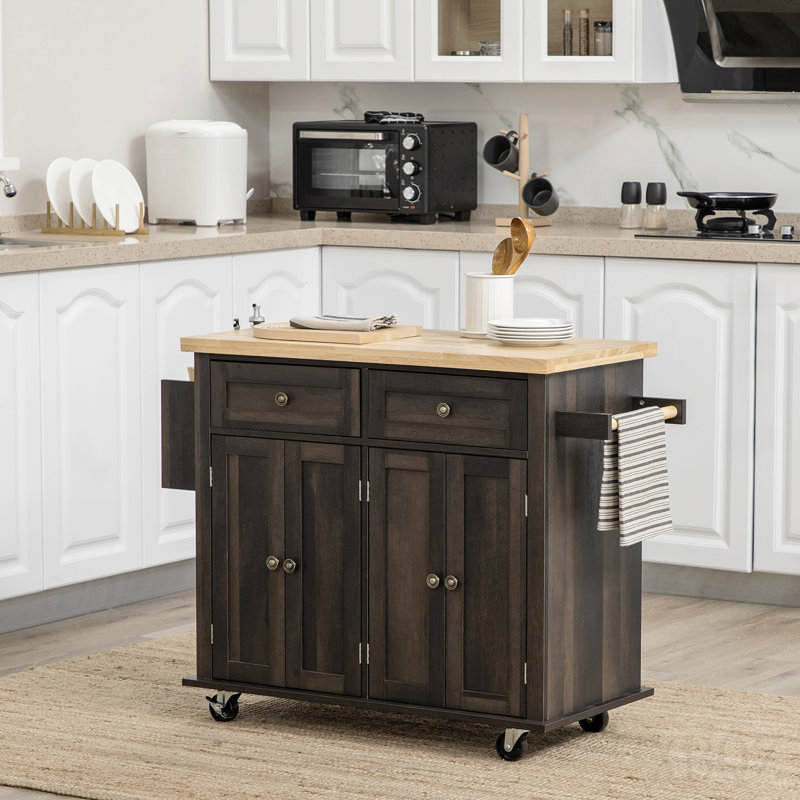 Chariot moderne pour îlot de cuisine avec étagère à épices, chêne brun