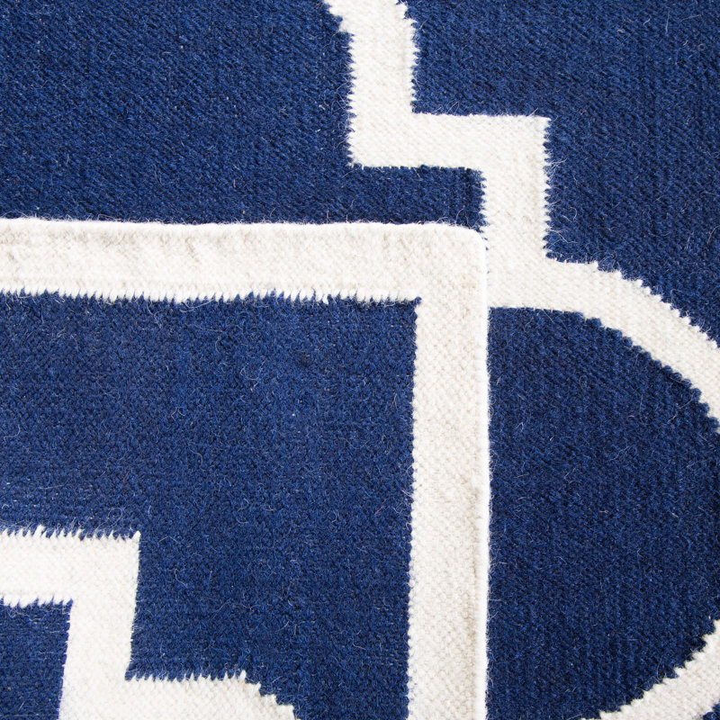 Rodgers Hand Woven Flat Weave Wool/Cotton Geometric Rug in Navy/Ivory, Rectangle 9' x 12'
