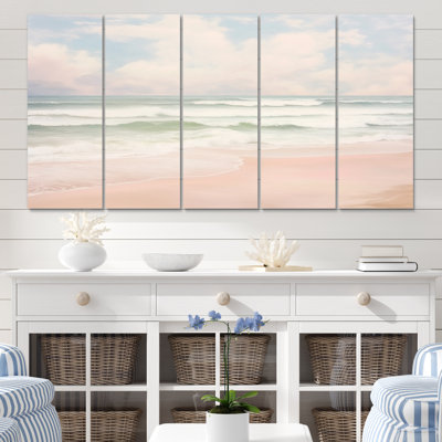 «Ocean Tranquility Tender Pink Pastel Sunrise II», reproduction sur toile de plage - 5 panneaux égaux
