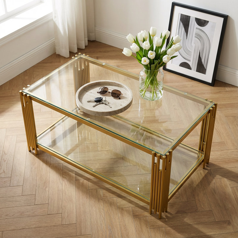 Table basse rectangulaire moderne en verre avec structure asymétrique en métal et tablette de rangement inférieure