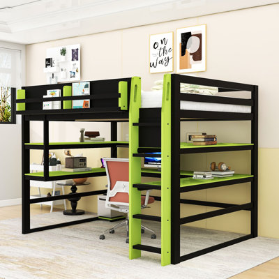 Lit mezzanine en bois avec bureau, tablettes, ports de recharge et éclairage DEL