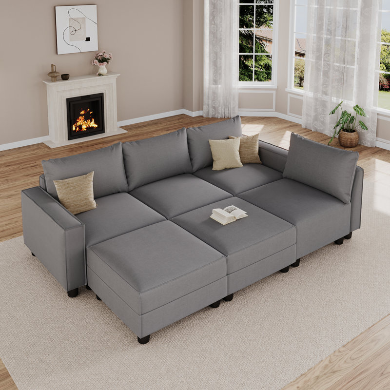 Modern Linen Modular Sectional Sofa U Shaped with Extra Deep Seats and Storage Ottomans, Gray Linen