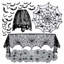 Ensemble de décoration de table d'Halloween en 5 pièces : toile d'araignée, chemin de table en dentelle noire, écharpe de foyer, nappe ronde, abat-jour et 60 chauves-souris 3D pour la décoration des fêtes et d'intérieur.