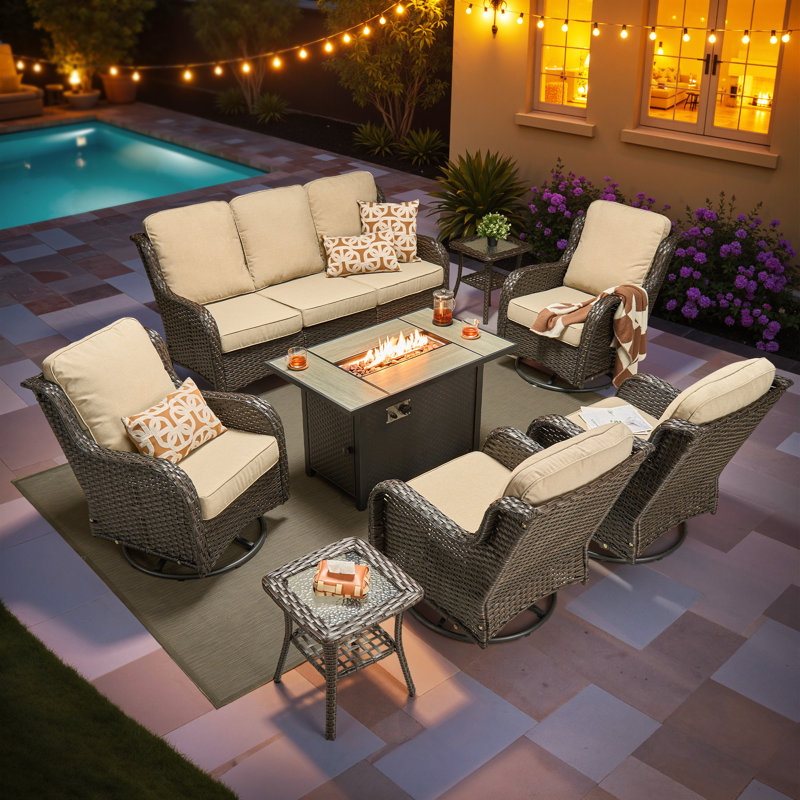 Cracraft 8-Piece All-Weather Wicker Patio Furniture Set With 42” Fire Pit Table, Deep Seating Sofa & Swivel Rocker Chairs For Backyard, Patio & Poolside Evenings