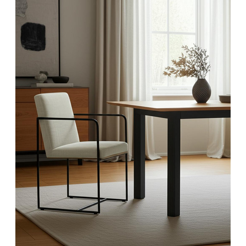 Beige and Black Upholstered Cushion And Metal Dining Arm Chair