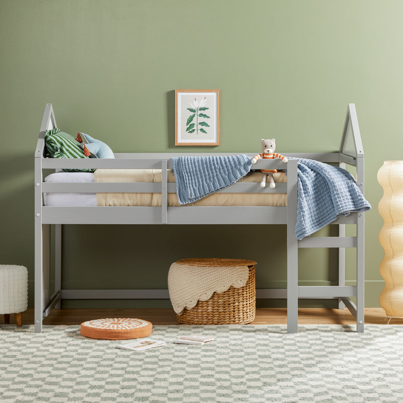 Contemporary Twin Size Solid Wood Low Loft Bed, Gray