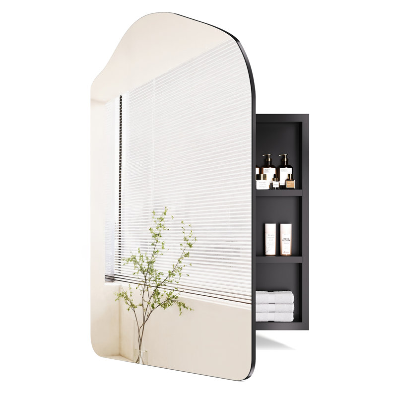 Armoire à pharmacie de salle de bain 24 po x 35 po avec miroir, miroir de meuble-lavabo moderne avec rangement, encastré et fixé au mur, métal noir, stable, installation facile