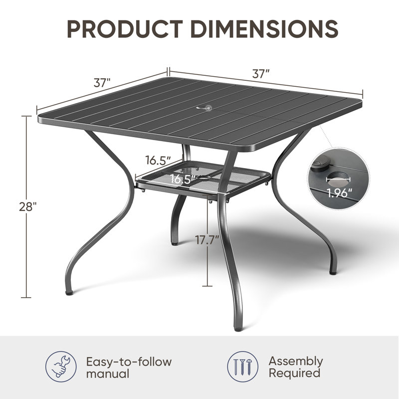 Merlene Powder-Coated Metal Frame Black Square Outdoor Patio Dining Table With Umbrella Hole