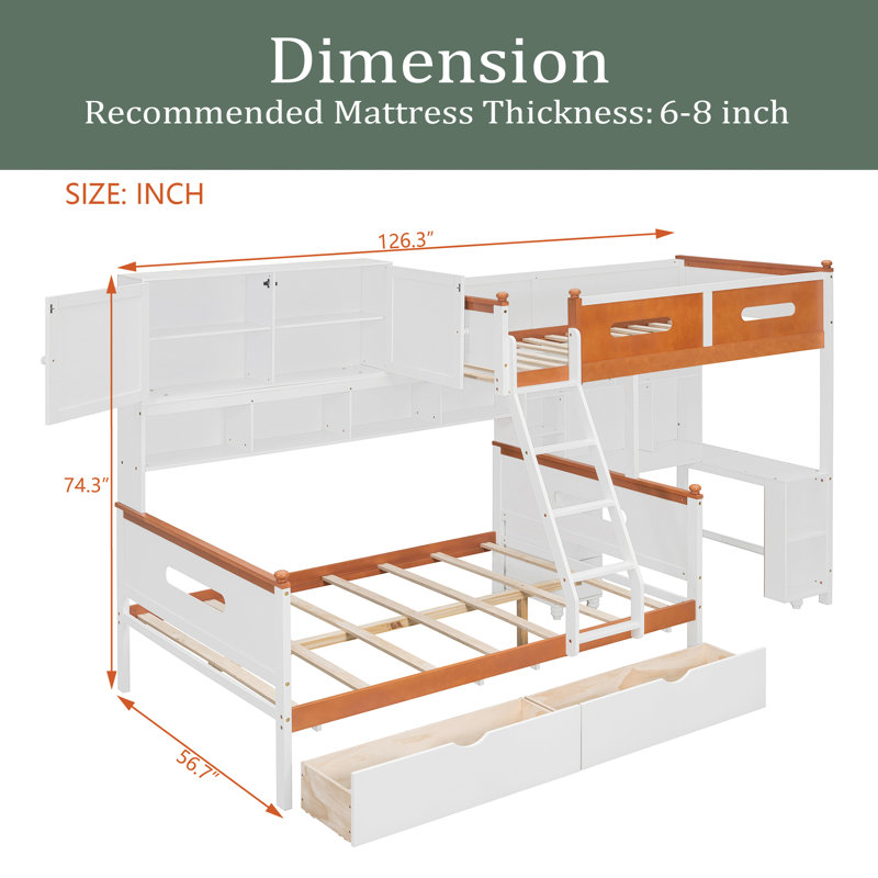 Lit superposé simple au-dessus d'un lit double en bois avec bureau, tiroirs, tablettes et armoire, lumière DEL