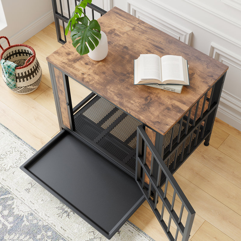Cage pour petit chien rustique avec pieds réglables en hauteur et plateau amovible brun noir avec 2 portes coulissantes et coussin pour chien