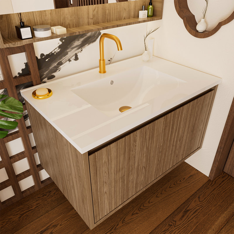 Meuble-lavabo flottant mural avec lavabo en céramique 30 po Amaro, Noyer