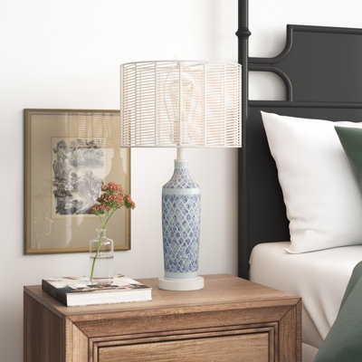 Flossie 24.75"H Blue and White Metal and Tan Rattan Table Lamp