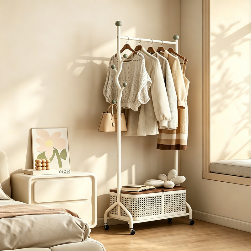 Modern Rolling Entryway Coat Rack, Cream