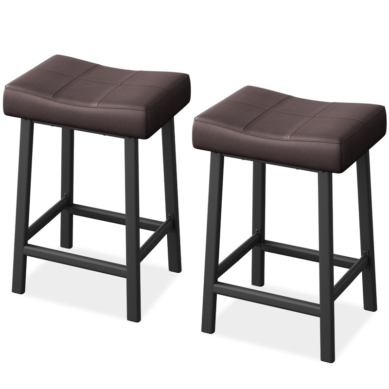 Upholstered Counter Stool with Metal Frame, Black + Brown Cushion, 2 pieces