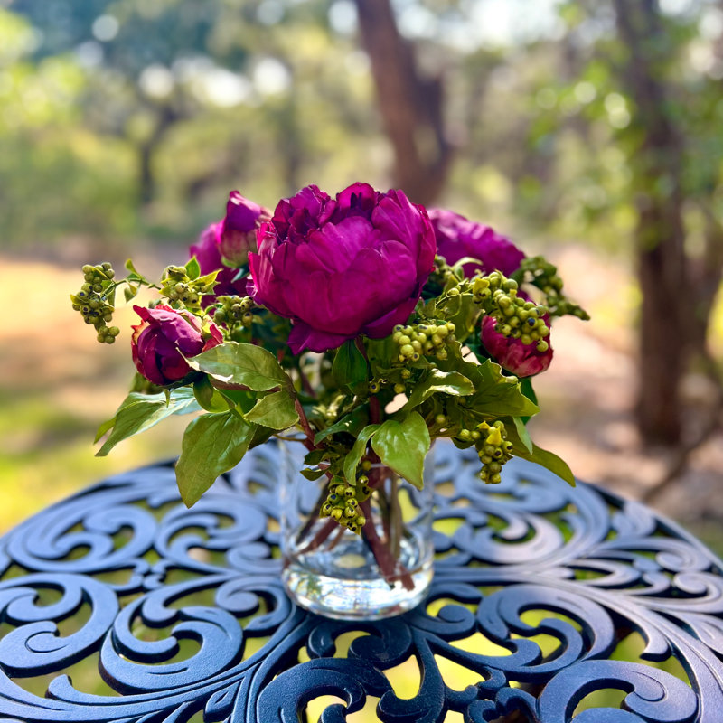 Faux peony arrangement in vase, Red
