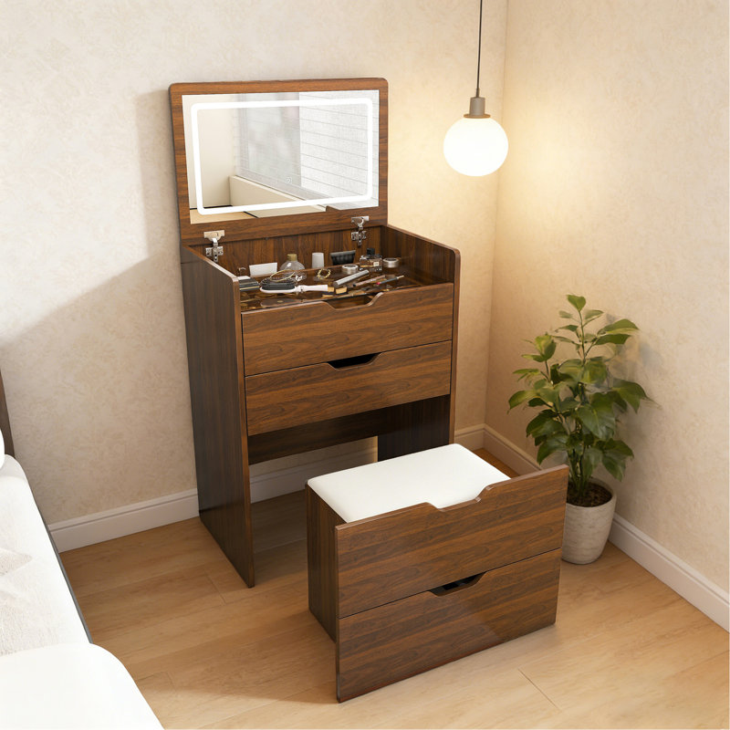 Bureau de coiffeuse 3-en-1 avec miroir éclairé et tabouret de rangement, coiffeuse compacte pour la chambre à coucher, la salle de bain ou le vestiaire (23 po, noyer)