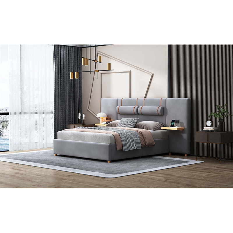 Lit plateforme tapissier en velours avec prises de courant, ports USB, oreiller et tablettes Daxton, Gris