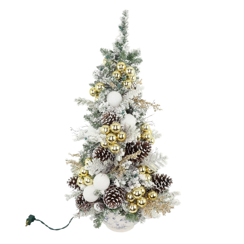 Pre-Lit Holiday Tree with Ornaments and Pinecones in Ceramic Pot
