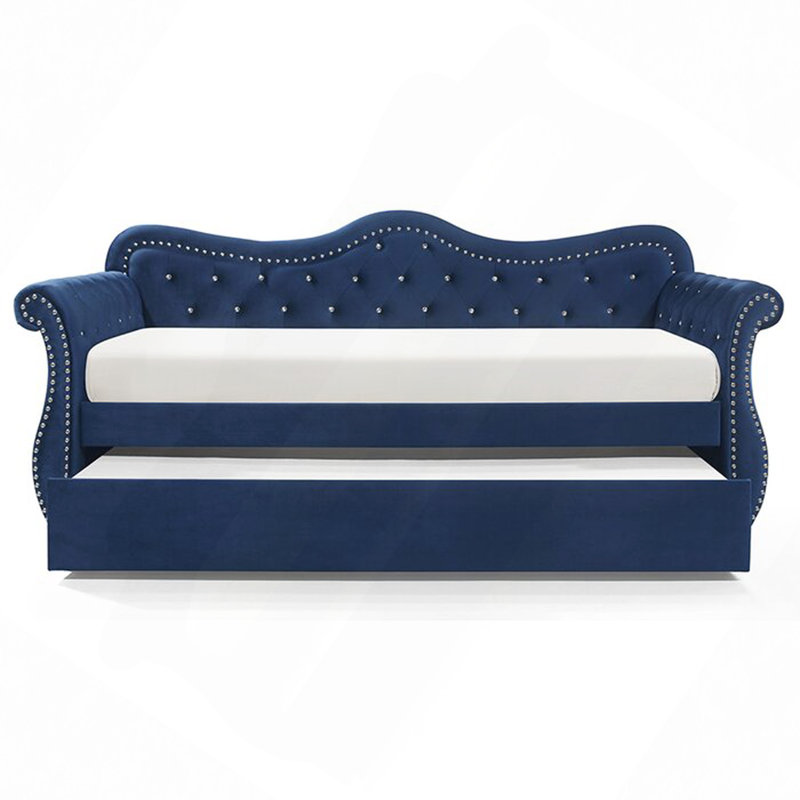 Upholstered Velvet Wood Daybed With Trundle, Navy