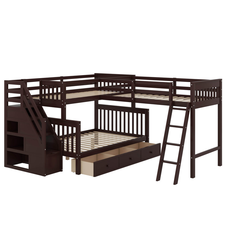 Lit superposé simple au-dessus d'un lit double en L avec tiroirs, échelle et escalier, Espresso