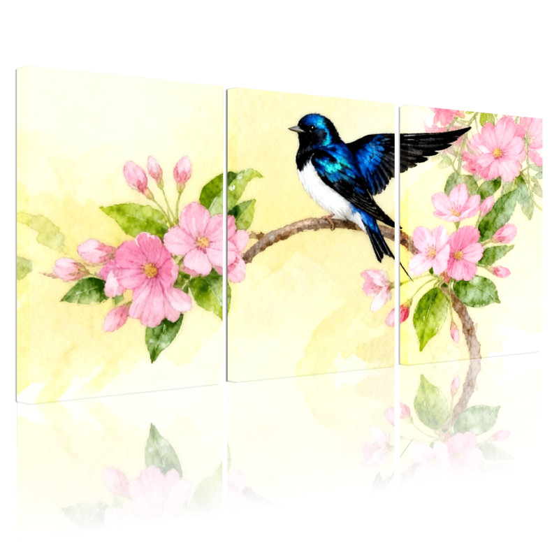 Oiseaux perchés sur une branche en fleurs avec fleurs roses, ensemble de 3 impressions sur toile, H 30 po x l 60 po