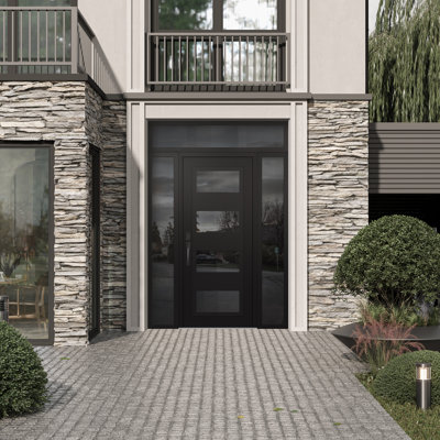 C2 Panel Black Steel Black/Black With 2 Sidelites And Transom Prehung Front Entry Door