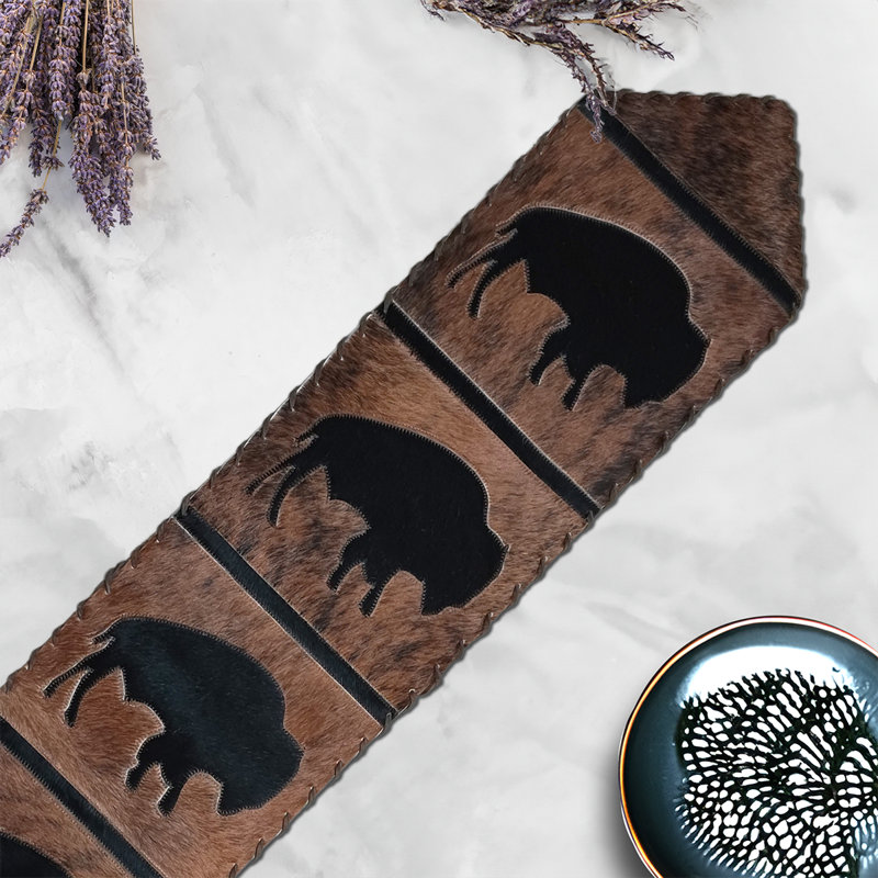 Bison Cowhide Table Runner, 120" L x 12" D, Brown/Black