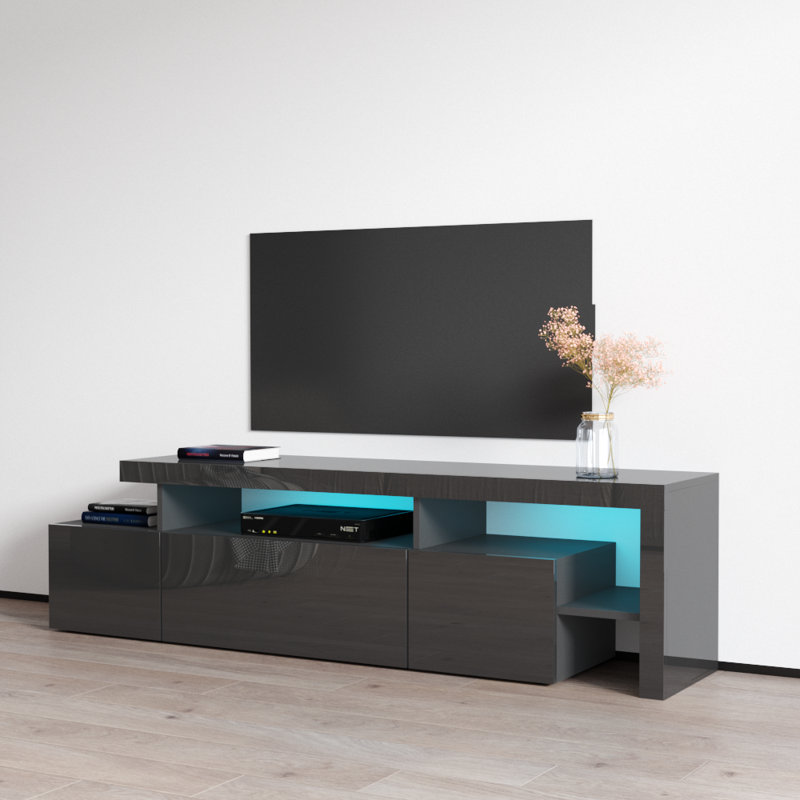 Edana 73" Modern TV Stand with LED Lighting, High Gloss Finish, Media Storage, Gray