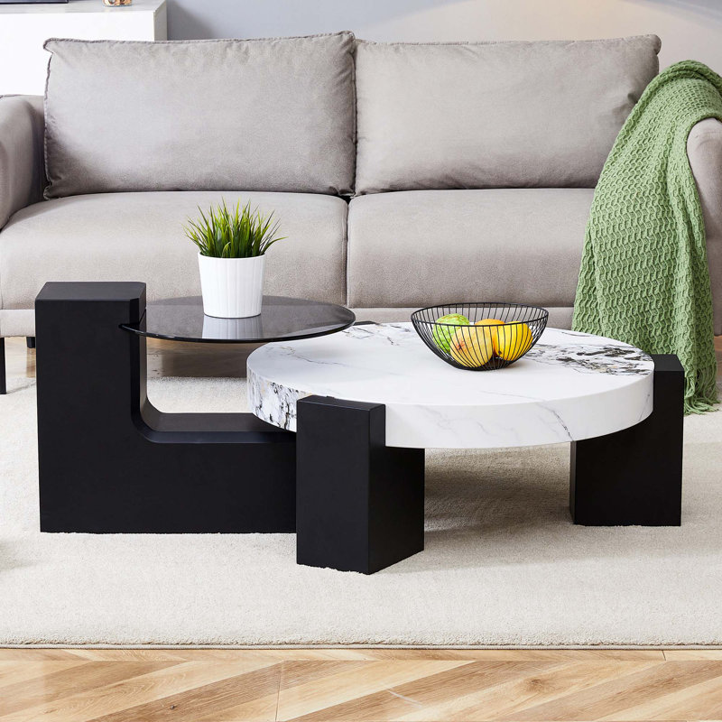 La table basse à deux étages détachable, Noir, Marbre, Blanc/Noir