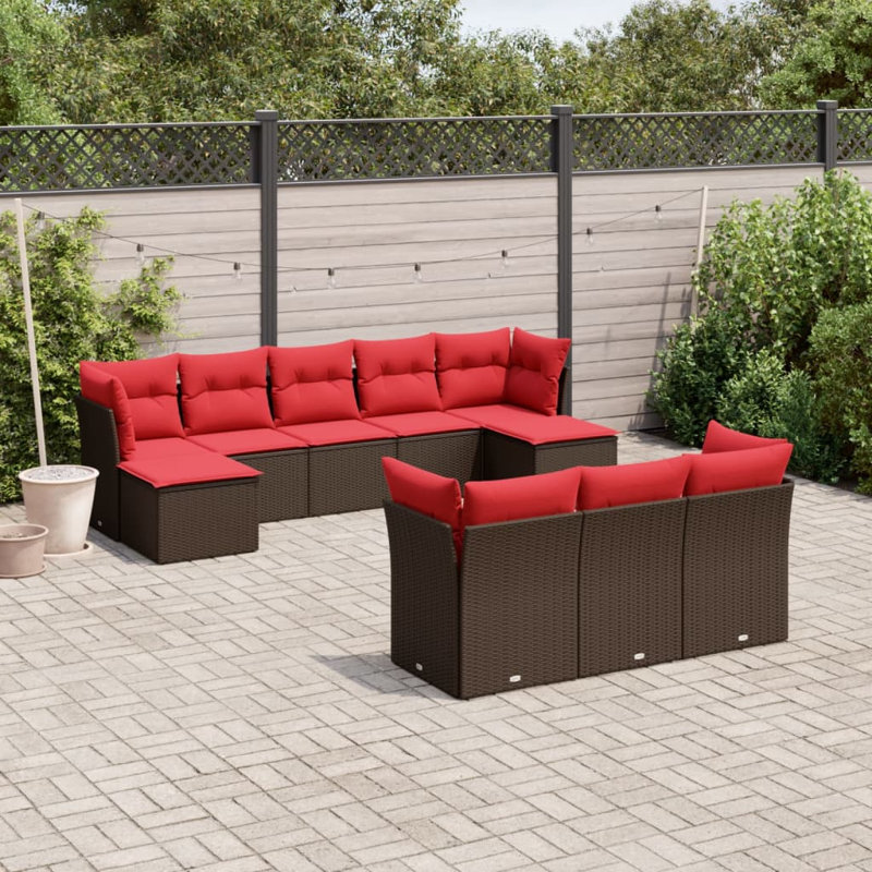 11 Piece Patio Sofa Set With Cushions Gray Poly Rattan, Red Cushion/Brown Frame