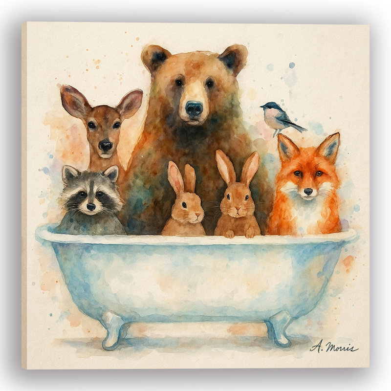 «Tub Party», art mural sur toile animaux de la forêt, H 20 po x l 20 po