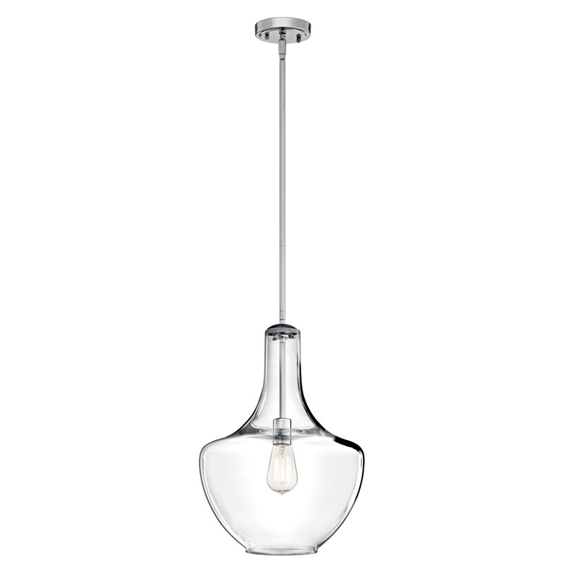 Suspension Kichler Everly chromée de 50 cm (19,75 po) à une lumière avec abat-jour transparent en forme de larme, Clear Glass