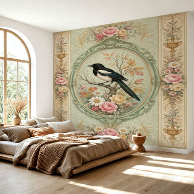 Wall Mural Peel and Stick Wallpaper Vintage Victorian pastel floral wall Baroque wall Rococo painting Bird Self-Adhesive Removable Contact Paper Wall Decor for Living Room Bedroom 69"H x 96"W