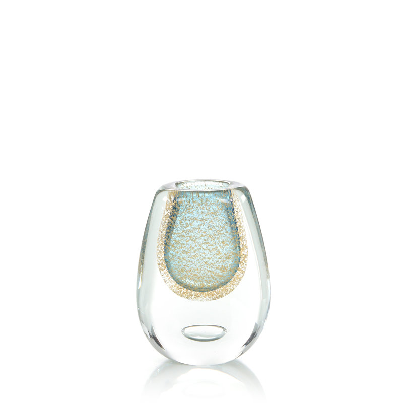 Gold Flecked Blue Handblown Glass Vase I, 6" H x 2.5" W x 8.5" D, Clear/Blue