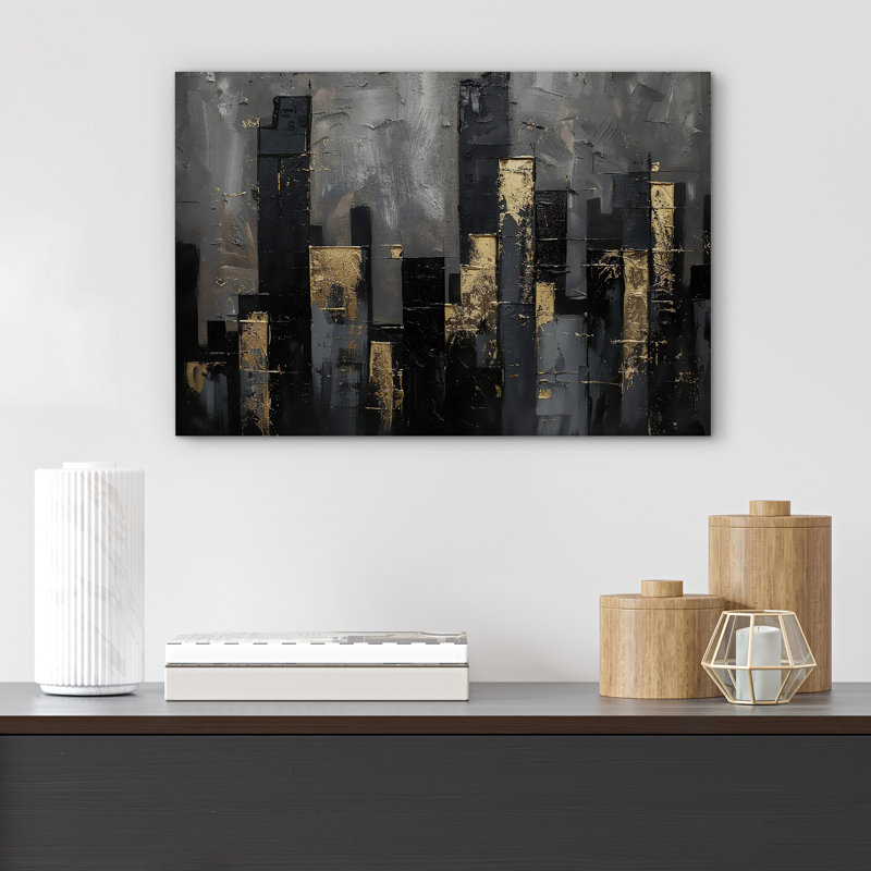 «Moody Gold Grey Dark City Buildings», œuvre d'art sur toile encadrée, Toile tendue, H 32 po x l 48 po
