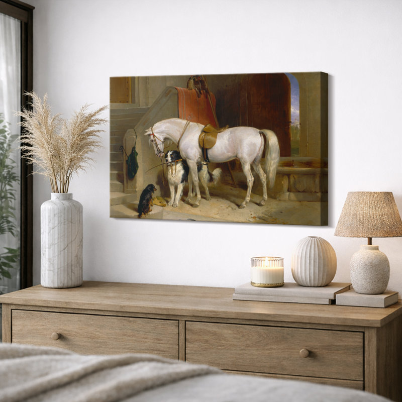 Illustration de cheval blanc et de chiens blancs, photos de l'entrée rustique, impression sur toile encadrée., Toile tendue