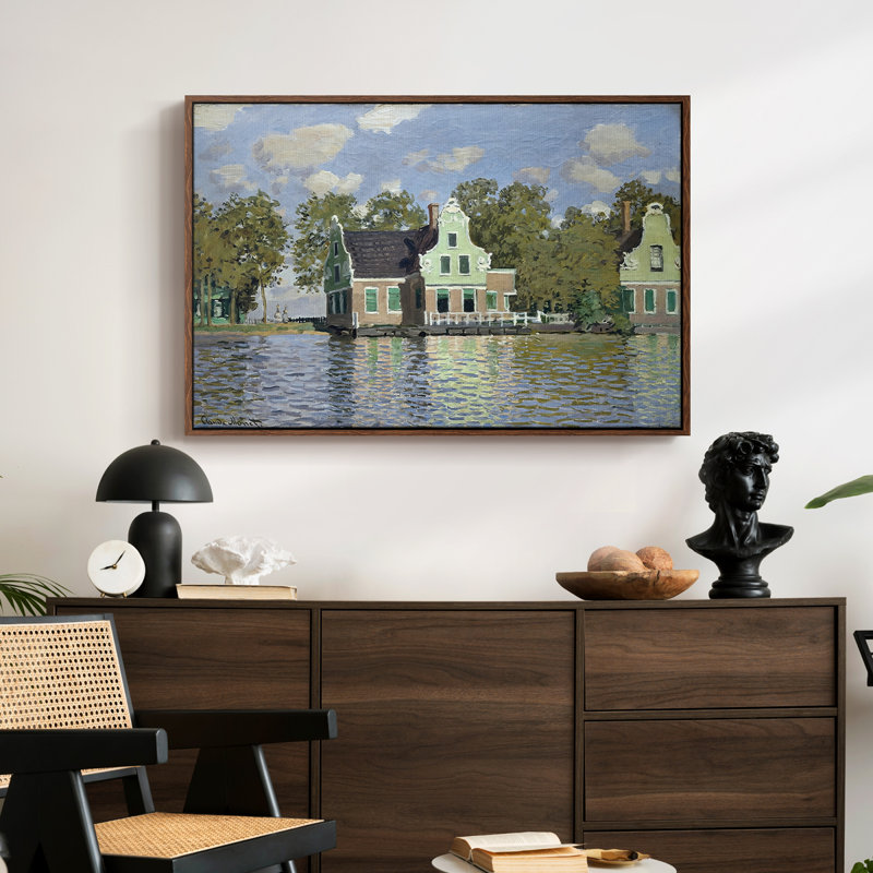 Maisons sur la rivière Zaan à Zaandam, 1871 - Claude Monet, toile tendue avec châssis, 24 po x 36 po, Noyer