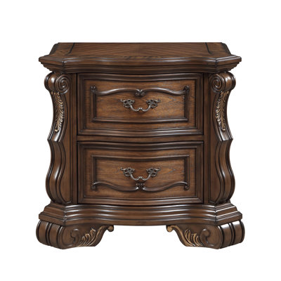 Table de chevet formelle traditionnelle à finition brun foncé de luxe avec 2 tiroirs décoratifs dorés et armoire de chevet 1pc