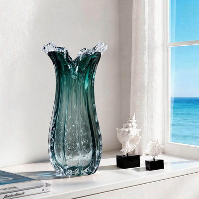 Hand-blown gradient dark green glass vase with ruffled edges, sculptural vase, art glass table vase.