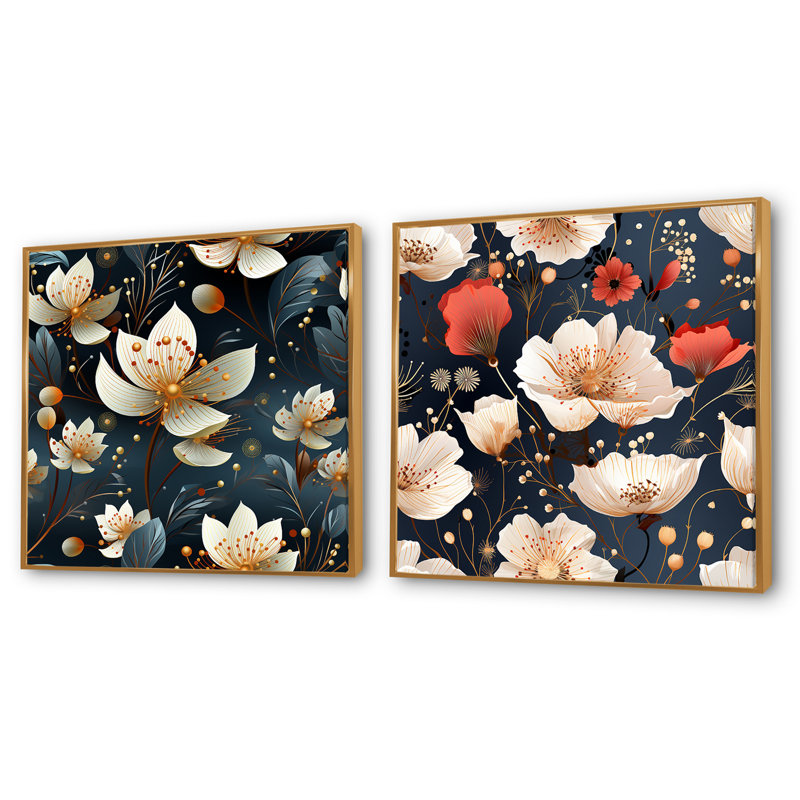 Motif floral bleu foncé et blanc Allure, Cadre flottant doré, H 30 po x l 61 po