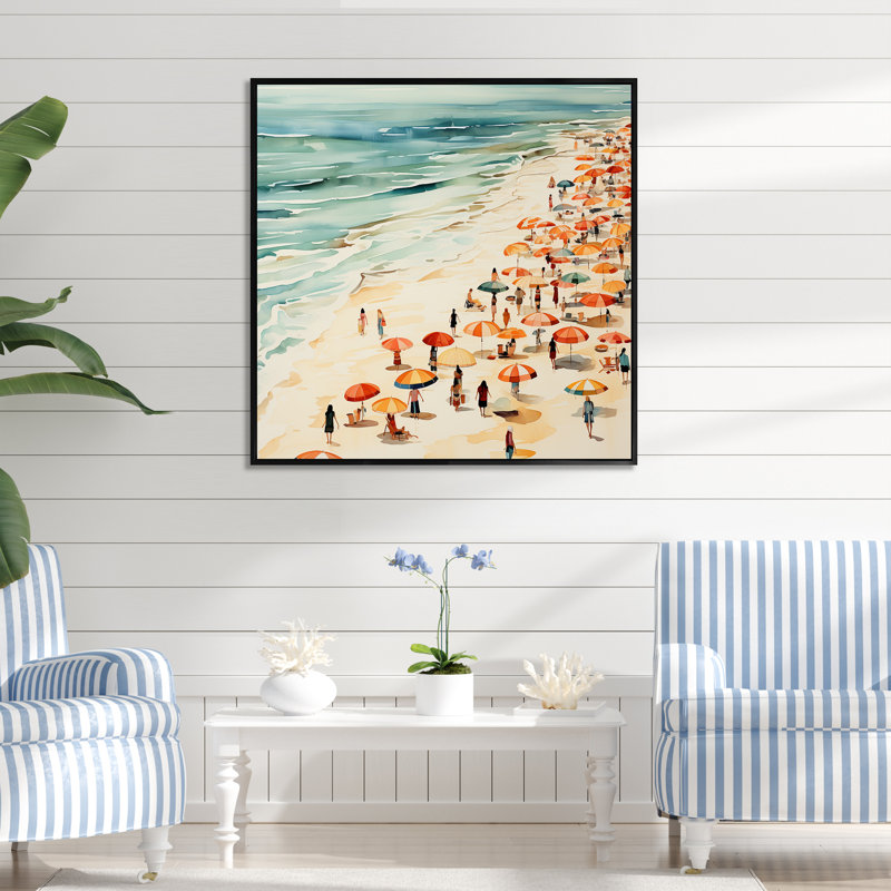 Beach Day Umbrella Parade IV - Beach People, art mural, Cadre flottant noir, 30" H x 30" W