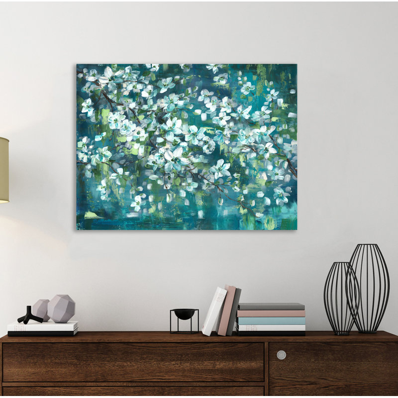 Teal Blossoms 1 Piece Wrapped Canvas Wall Art, 91.4cm H x 122cm W x 3.81cm D