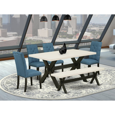 6 Piece Dining Room Set Contains a Rectangle Dining Table with X-Legs and 4 Blue Linen Fabric Parson Chairs with a Bench, Wire Brushed Black Finish