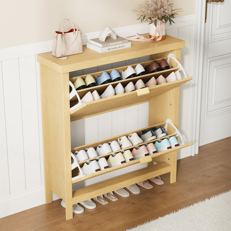 Meuble à chaussures moderne cannelé avec 2 tiroirs rabattables, console de rangement mince pour entrée avec tablette supérieure, naturel