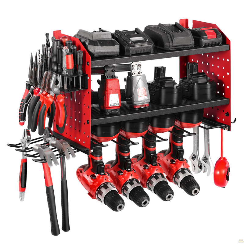 Support mural pour outils électriques, support de rangement à 3 couches avec 4 supports de perceuse, support à outils et support de rangement avec panneaux perforés latéraux, organisateur pour outils de garage