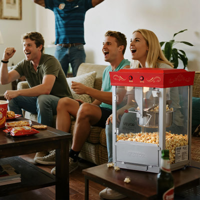 Machine à popcorn, cuve en acier inoxydable 225 g, 800 W, modèle professionnel de comptoir, 48 tasses par fournée, style cinéma, avec panneau de commande à 2 boutons, porte vitrée, 1 dosette et 3 cuillères, rouge