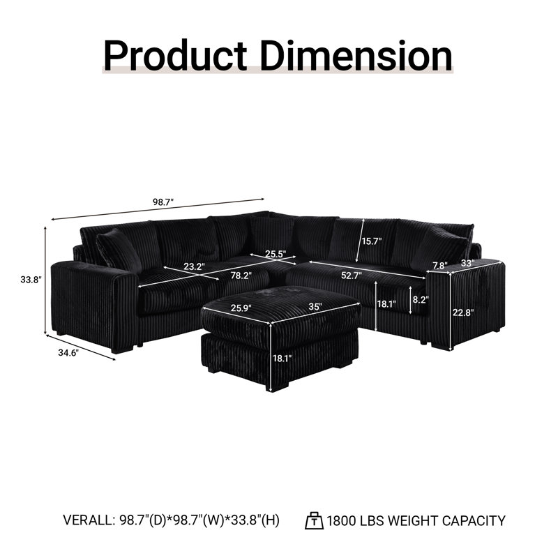98.7" Corduroy Modular Sectional Corner Sofa 4 Pieces L-shaped Oversized Deep Seat Couch With Upholstered Moveable Ottoman & Pillows
