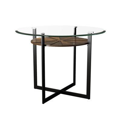 Modern Round Bar Table With 8Mm Tempered Glass Top, Birch Veneer Shelf, And Crossed Metal Legs – 45"