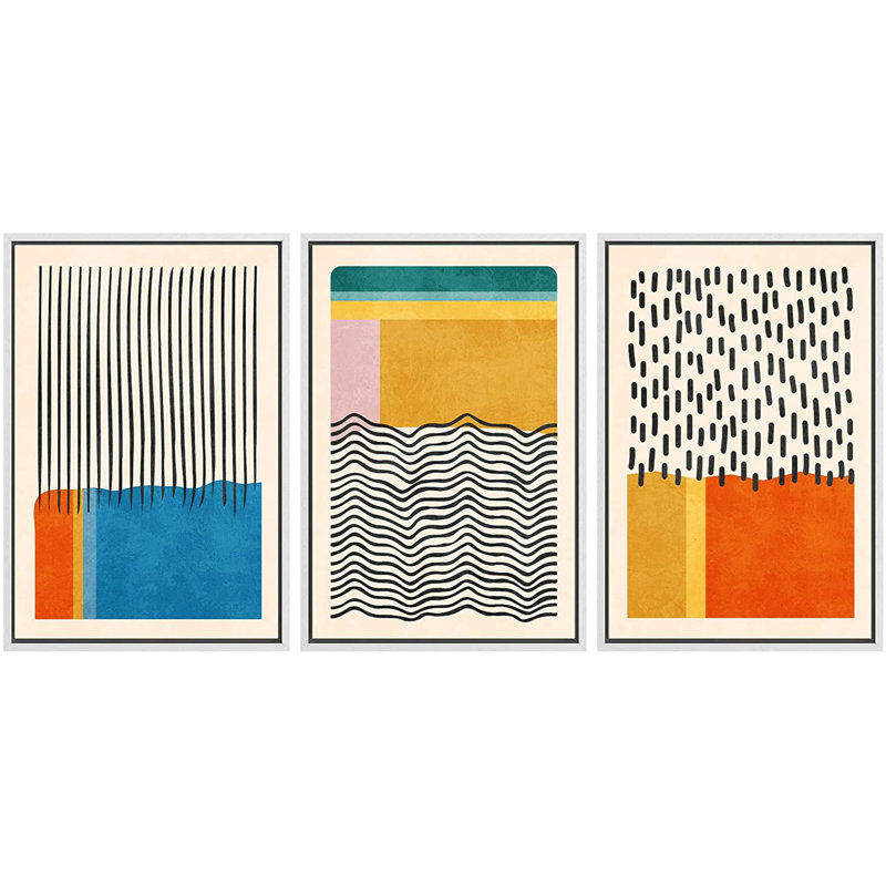 Abstract Vibrant Color Blocks " Mid-century Modern Multicolor Block Colorful Framed Abstract Geometric Canvas Print Wall Art " 3 - Pieces