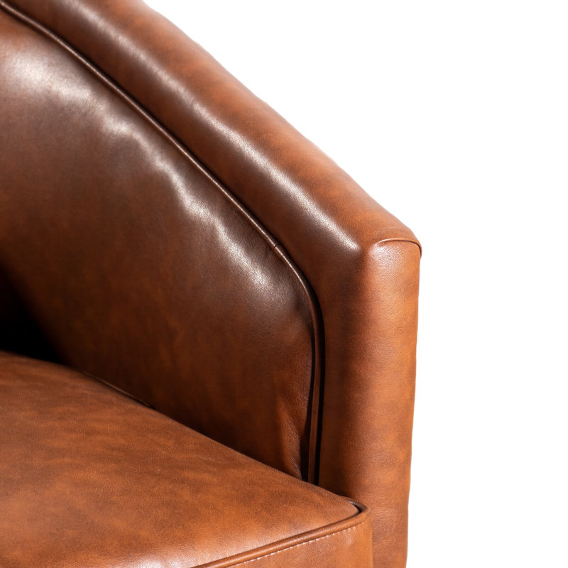 Traditional Club Style Upholstered Accent Chair with 360° Swivel Metal Base, Brown Faux Leather, Gold